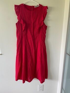 Wish Red Eyelet Midi Dress with Ruffle Shoulders